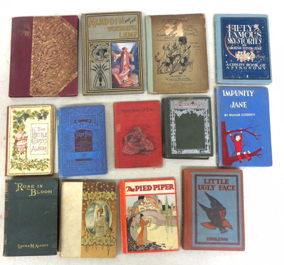 Grouping of 10 kids books including Rose in Bloom by: Grouping of 10 kids books including Rose in Bloom by Louisa M. Alcott 1887, Dancing by Marguerite Wilson 1902 - loose spine, Impunity Jane 1961, Little Ugly Face 1927, The Girl Warriors 1901, The Pied