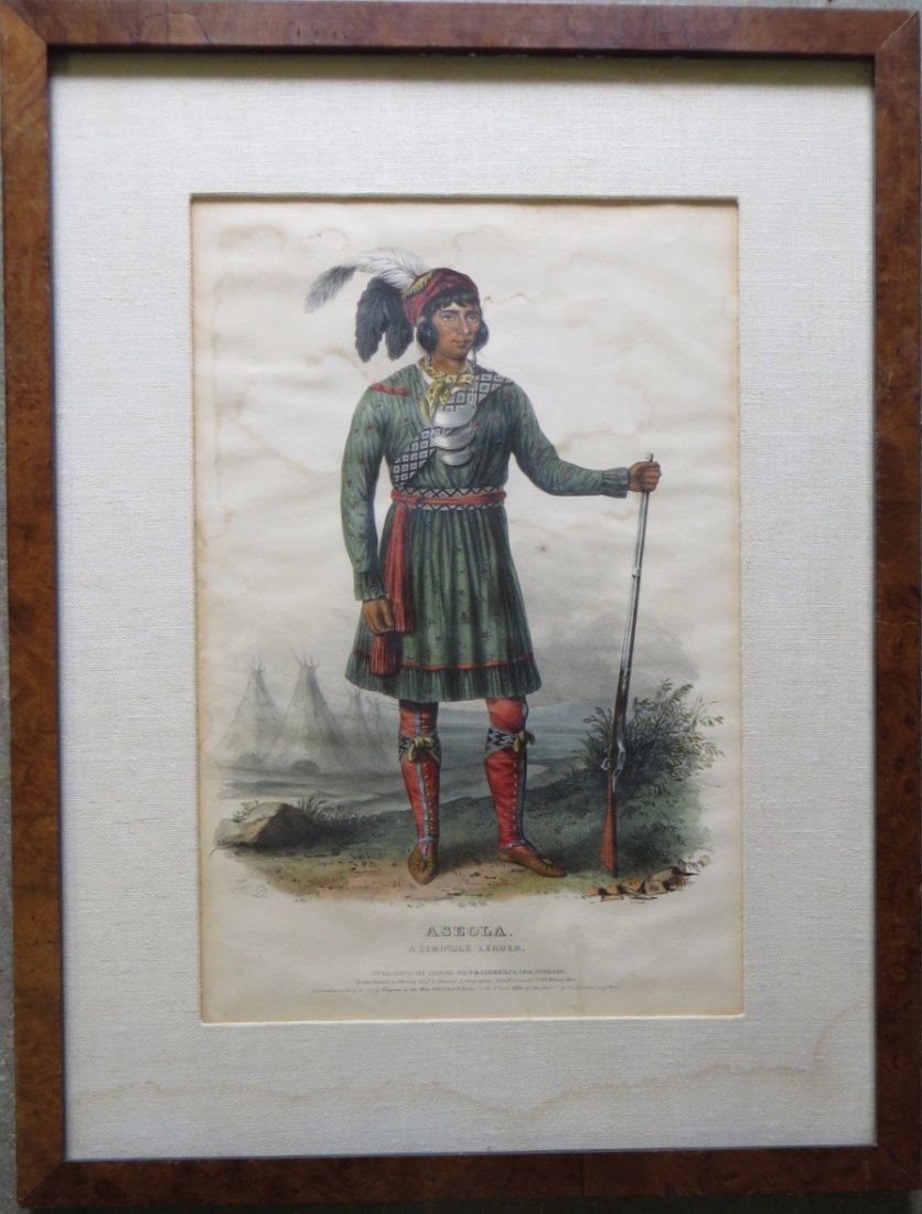 McKenney and Hall, "Aseola, A Seminole Leader," hand: McKenney and Hall, "Aseola, A Seminole Leader," hand colored lithograph by J.T. Bowen dated 1842. From the "History of the Indian Tribes of North America," framed in burl wood 12" x 18" within mat. St