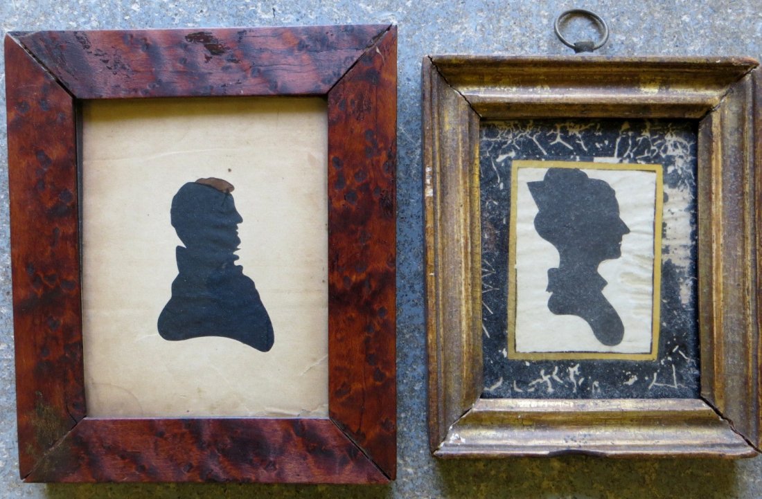 Two miniature silhouettes including woman in original: Two miniature silhouettes including woman in original lemon gold frame (with losses) - 3" x 4.75", and a portrait of a gentleman in its original birdseye maple frame - 4" x 5". Both mid-19th century o