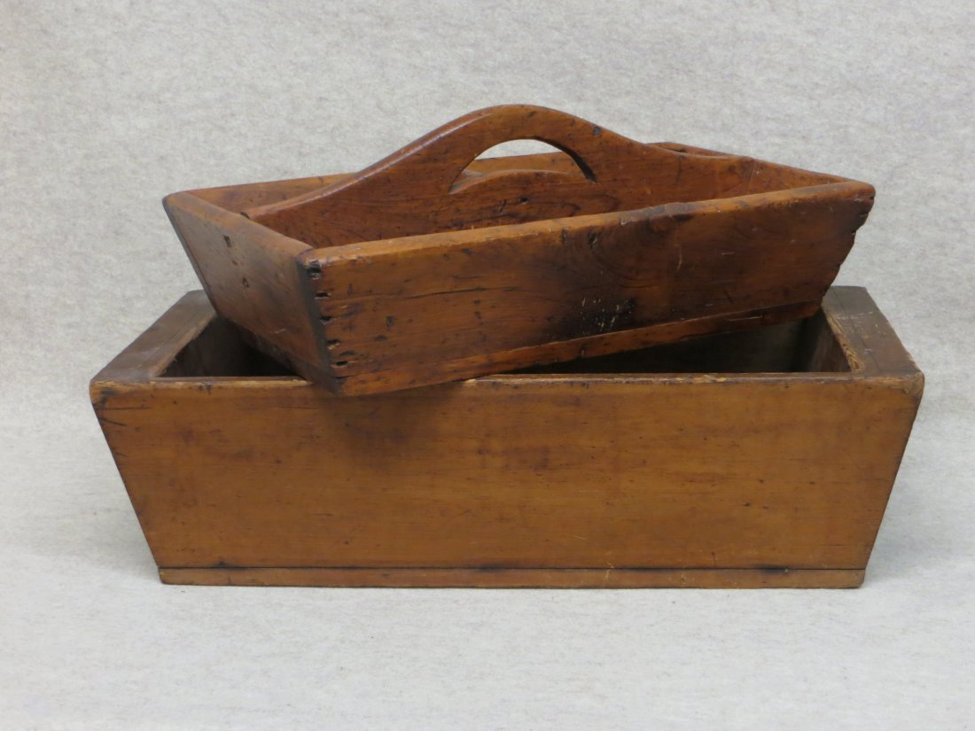 Two pine 19th century kitchen items including dough box: Two pine 19th century kitchen items including dough box 14"W x 28"L x 8"D and a large tool/cutlery carrying tray with 3 interior compartments and shaped wooden handle - 14"W x 23"L x 8"H - both in ver