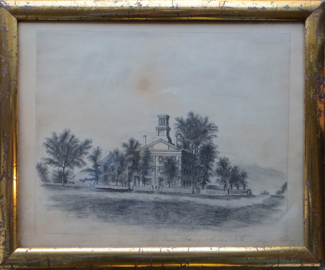 Early pencil drawing entitled "Kimball Union Academy -: Early pencil drawing entitled "Kimball Union Academy - Meridan NH" signed Eliza Gorham No. 3. 19th century. Sight size 11.5" x 14.5". Appears to be in its original lemon gold frame. Slight foxing in c