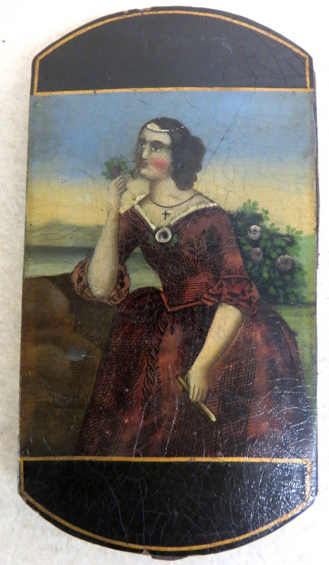 Hand painted paper mache cigar case with a portrait of: Hand painted paper mache cigar case with a portrait of a lady in red dress holding flowers on front side and the reverse side with a painting of a horse drawn carriage with passengers. Crazing but oth