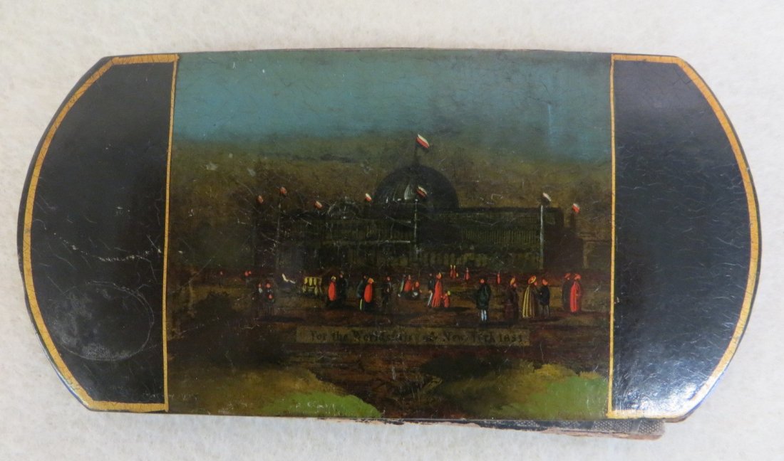 Hand painted paper mache cigar case entitled "For The: Hand painted paper mache cigar case entitled "For The World's Fair at New York 1853" with painting of the Crystal Palace - stenciled on reverse "Segars." 3" x 5.75" - front and back in very good condi