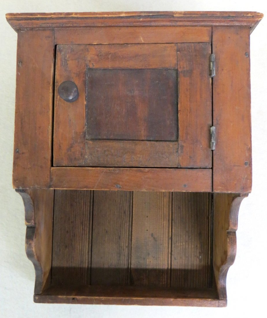 Small 19th century Pennsylvania hanging wall: Small 19th century Pennsylvania hanging wall cupboard/shelf unit with single door (chamfered on inside panel). 14.75"H x 12"W x 7"D - poplar wood construction - very good condition.