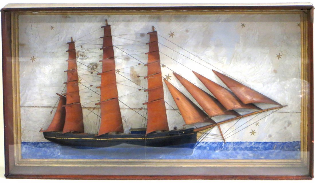 Folk art wooden schooner diorama with 3 masts in it's: Folk art wooden schooner diorama with 3 masts in it's original wooden case - Hull in original black paint with gold pin stripe and blue water mark and a painted background with stars in the sky area. 