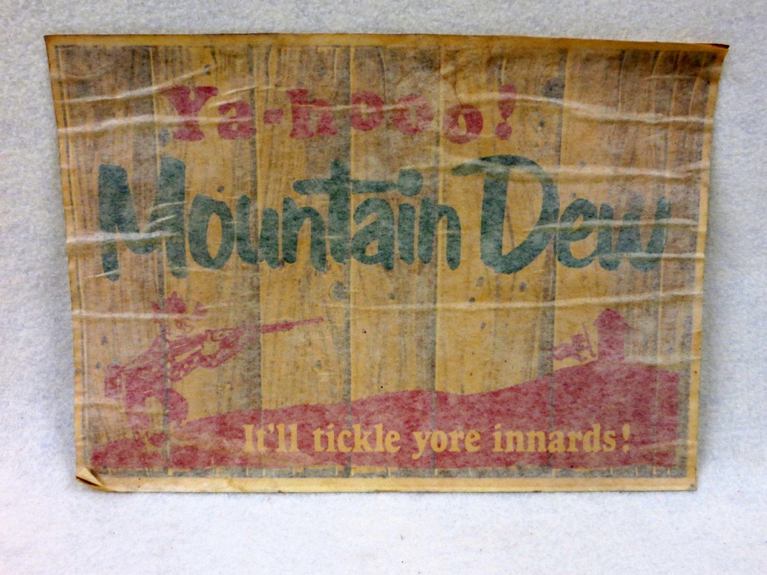Original Mountain Dew double sided window decal: Original Mountain Dew double sided window decal transfer, decal has the original "Willy the Hillbilly" and slogan "Ya-Hoo Mountain Dew It'll tickle Yore Innards", reverse has instructions, Sheet No. 8
