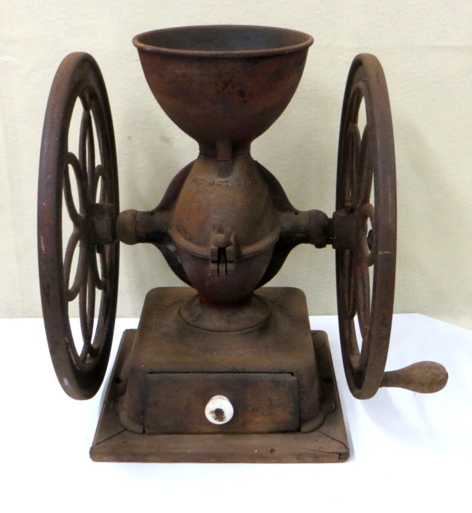 Enterprise Mfg. Co. Philadelphia PA. double wheel: Enterprise Mfg. Co. Philadelphia PA. double wheel coffee grinder, cast iron, Patent date Oct, 21 1873 on base, stamped AMERICAN at grinder, traces of original red paint, original wood drawer with porc