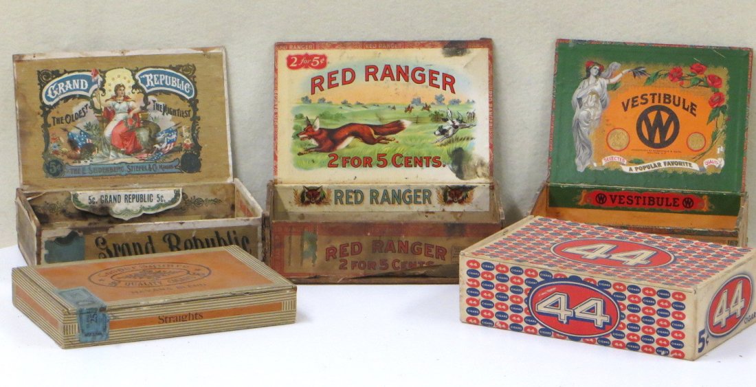 Five vintage cigar boxes including Red Ranger, Grand: Five vintage cigar boxes including Red Ranger, Grand Republic, 44, Vestibule Havanas, and Cooper Square. All with good interior lithographs. Exterior condition poor to good.