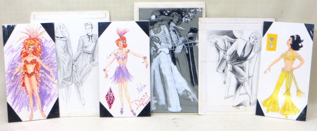 Six original costume design artworks including 3 W/C's: Six original costume design artworks including 3 W/C's for 1970 era Las Vegas Showgirls, two have materials swatches, one signed "Nola" entitled Dizzy Finger" - 9.5" X 18" - also three clothes designe
