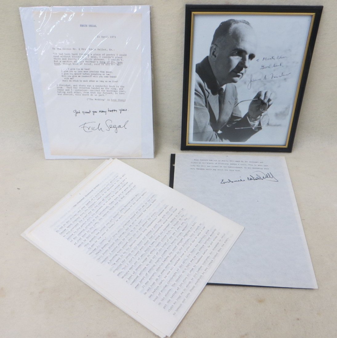 Two vintage author signed documents & 1 author signed: Two vintage author signed documents & 1 author signed photo including a James A. Michener personalized photograph, a 1975 typed letter from Erich Segal on his letterhead, and a Erskine Caldwell signed