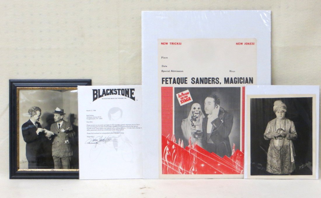 Four original magician related collectibles. 1) A 7.5": Four original magician related collectibles. 1) A 7.5" x 9.5" circa 1930's framed photo hand-signed by legendary magician Harry Blackstone Sr. and famed vaudeville comedian El Brendel. 2) A 1940's adv