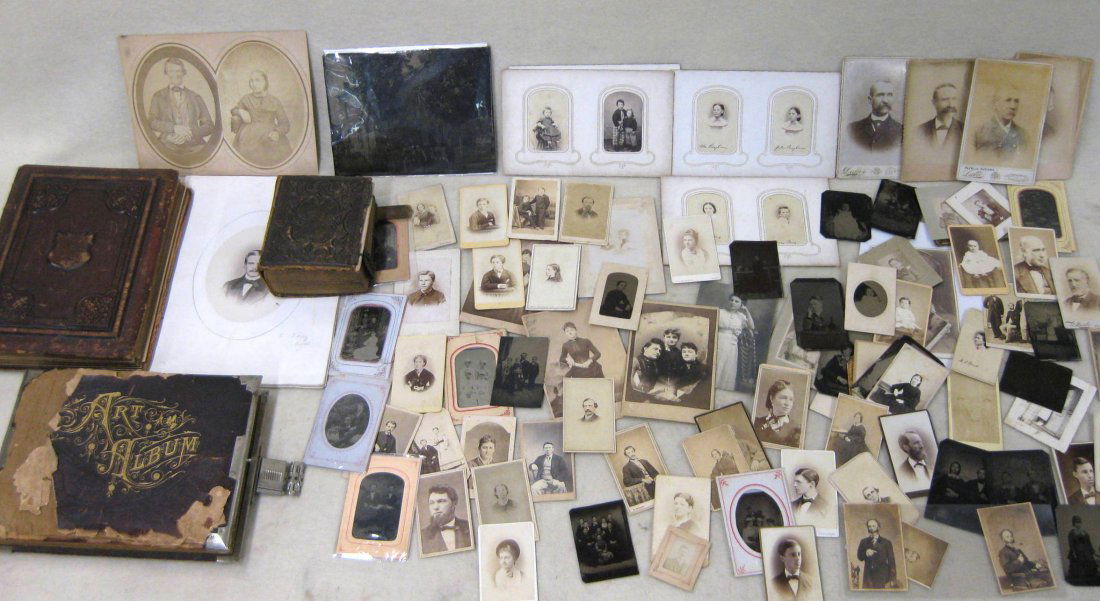 Large grouping of old photographs including CDV's,: Large grouping of old photographs including CDV's, Cabinet cards, and tintypes. To include tintype of man with musical instrument, 2 tintypes of 4 sisters wearing bonnets, hand colored CDV's including