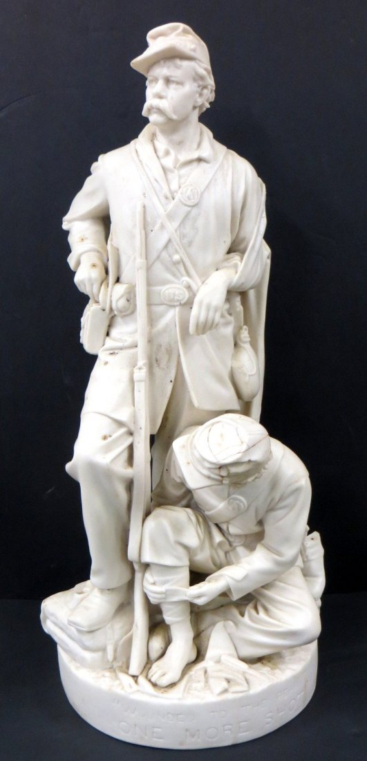 John Rogers (Mass. 1829-1904) damaged parian ware sculp: John Rogers (Mass. 1829-1904) Damaged and repaired parian ware sculpture of 2 wounded US Civil War soldiers, one standing with rifle and the other patching wound on leg - 1860's - entitled on front ba