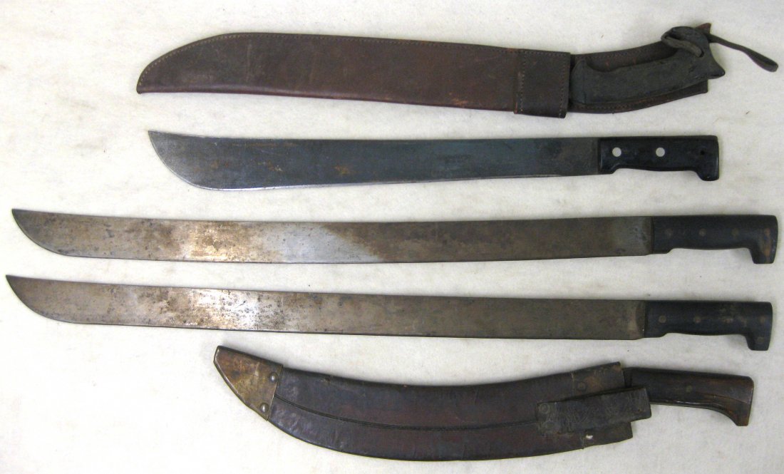 Five machetes. 1-2) Two US Collins & Co. No. 22 with: Five machetes. 1-2) Two US Collins & Co. No. 22 with 26" blades - no scabbards but good condition with slight surface rust; 3) Signed "Collins & Co. / Hartford CT. / No. 1005" with original tooled lea