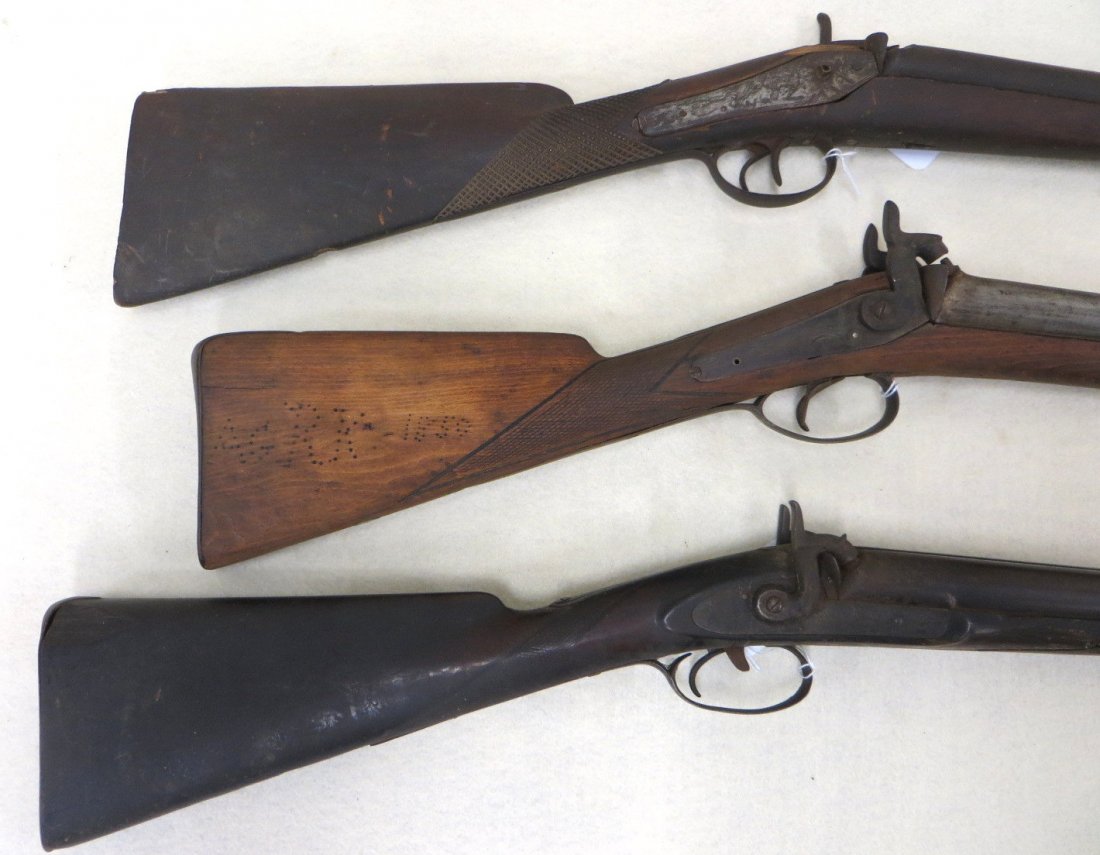 Three SxS muzzle loading percussion double barrel: Three SxS muzzle loading percussion double barrel shotguns all in need of restoration or for parts. One marked Joseph Golcher on lock plate with some pitting - other with parts that include 2 Thos. Mc