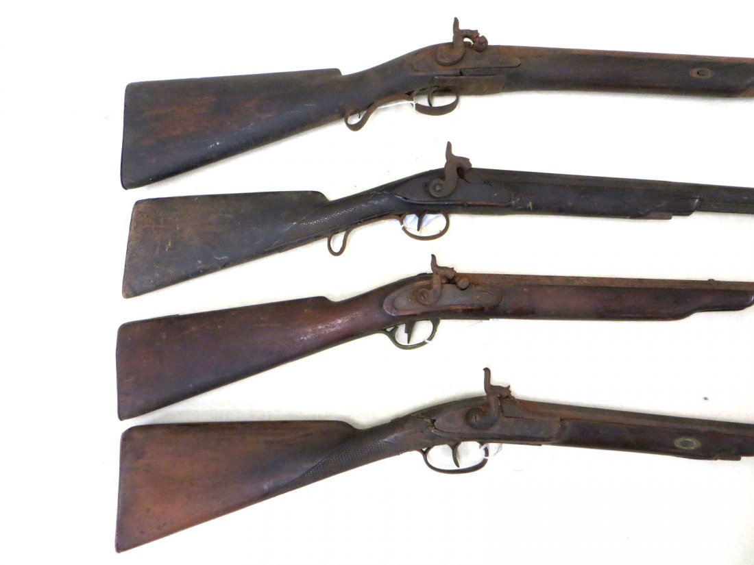 Four muzzle loading percussion rifles all in need of: Four muzzle loading percussion rifles all in need of restoration or for parts. Some part highlights include a barrel marked "SC" at the nipple, a C. BAKER lock plate, an H.E.LEMAN LANCASTER PA. lock p