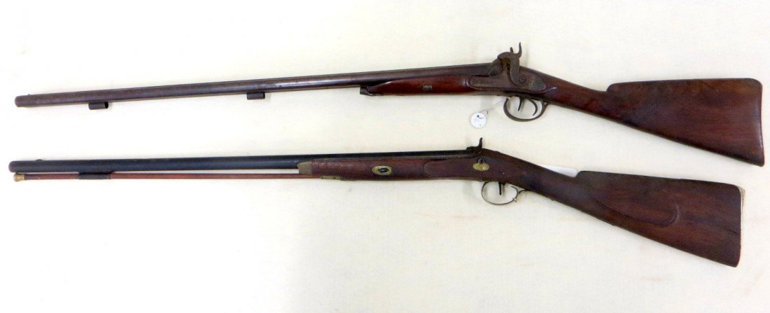 Two percussion shotguns in need of restoration or for: Two percussion shotguns in need of restoration or for parts including: 1) A SxS shotgun with a 30.75" barrel signed London on the rib, nice engravings on the lock plate, thimble, and trigger guard. Mi
