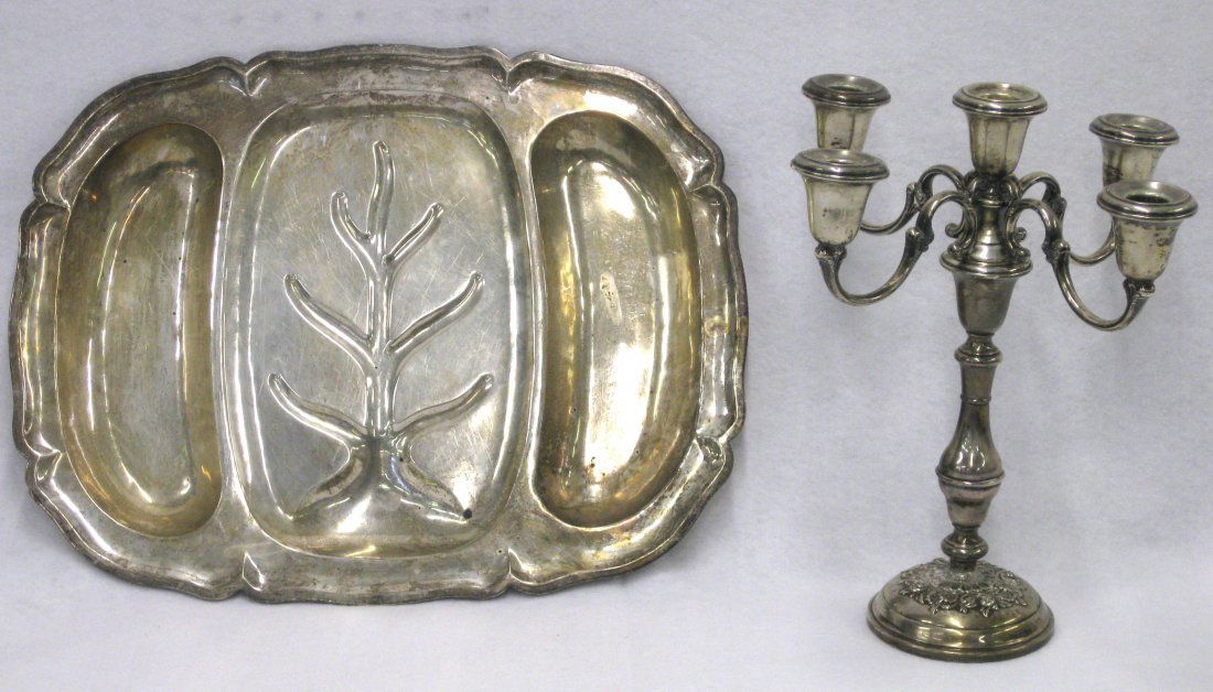 Two Sterling silver items. 1) A meat tray marked on: Two Sterling silver items. 1) A meat tray marked on reverse Sterling .925 / Mexico - 41 troy ounces - 14" x 18" - excellent condition. 2) Gorham 4 branch weighted candelabra - 13.25"H - base of shaft