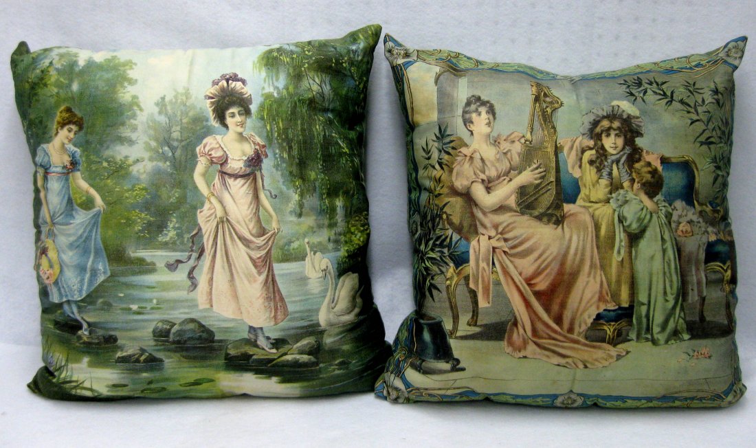 Pair of hand sewn pillows decorated with Schwab & Wolf: Pair of hand sewn pillows decorated with Schwab & Wolf N.Y. printed fabrics. One depicting 2 young maidens crossing brook on stone walkway, the other 2 young Edwardian ladies and child in musical sett