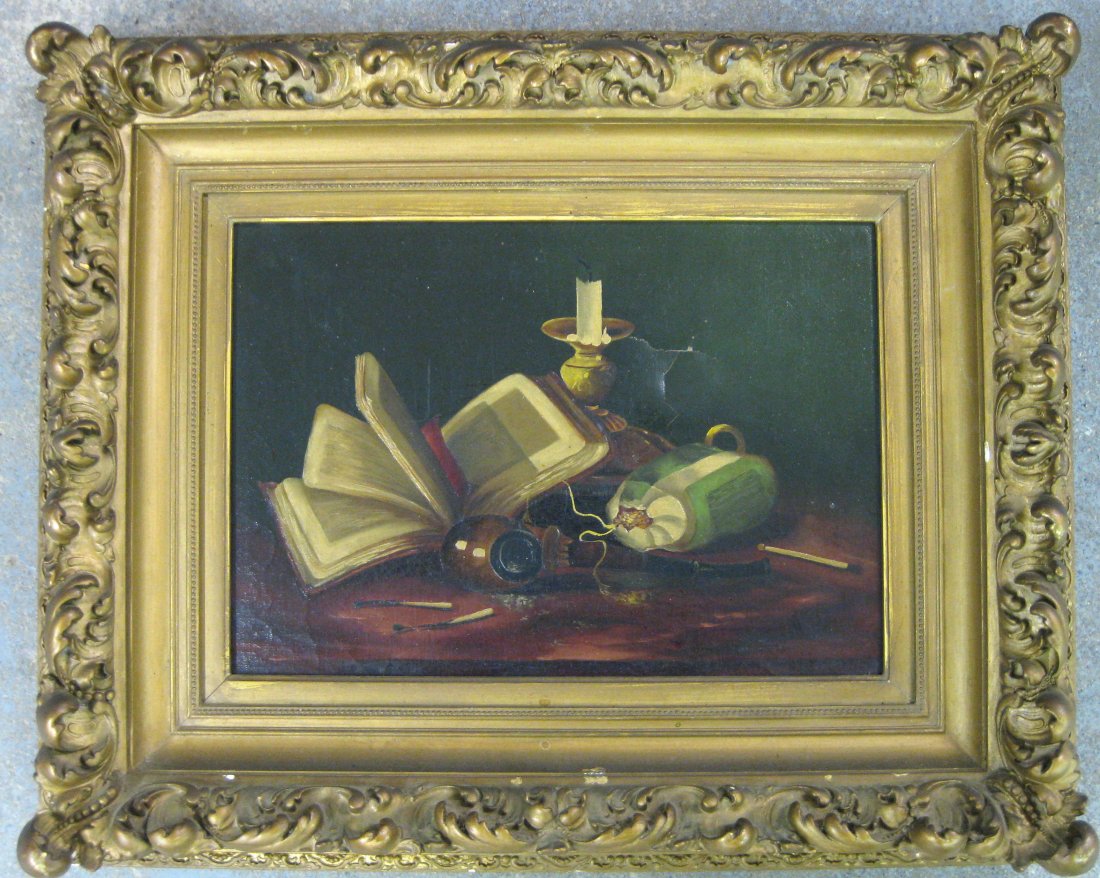 O/C Still life of open book, candle, matches, etc. on: O/C Still life of open book, candle, matches, etc. on table - mid-19th century in original ornate gesso and gold leaf frame - canvas with crazing and spider shaped tear 2.25" x 1.25" otherwise good co
