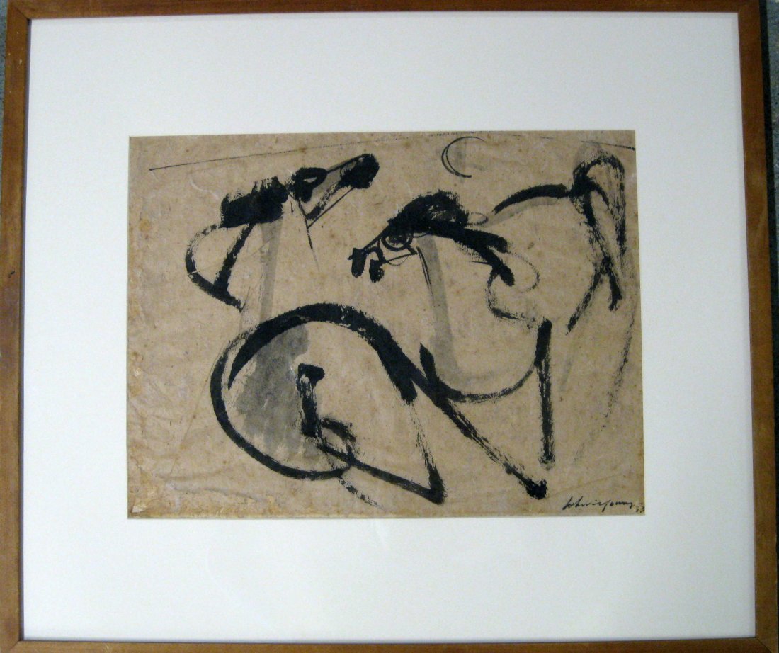 Ink/water color on paper of abstract horses signed John: Ink/water color on paper of abstract horses signed John Young '33 (John Chin Young, Hawaii/Calif. 1909-1997). 13.5" x 18".