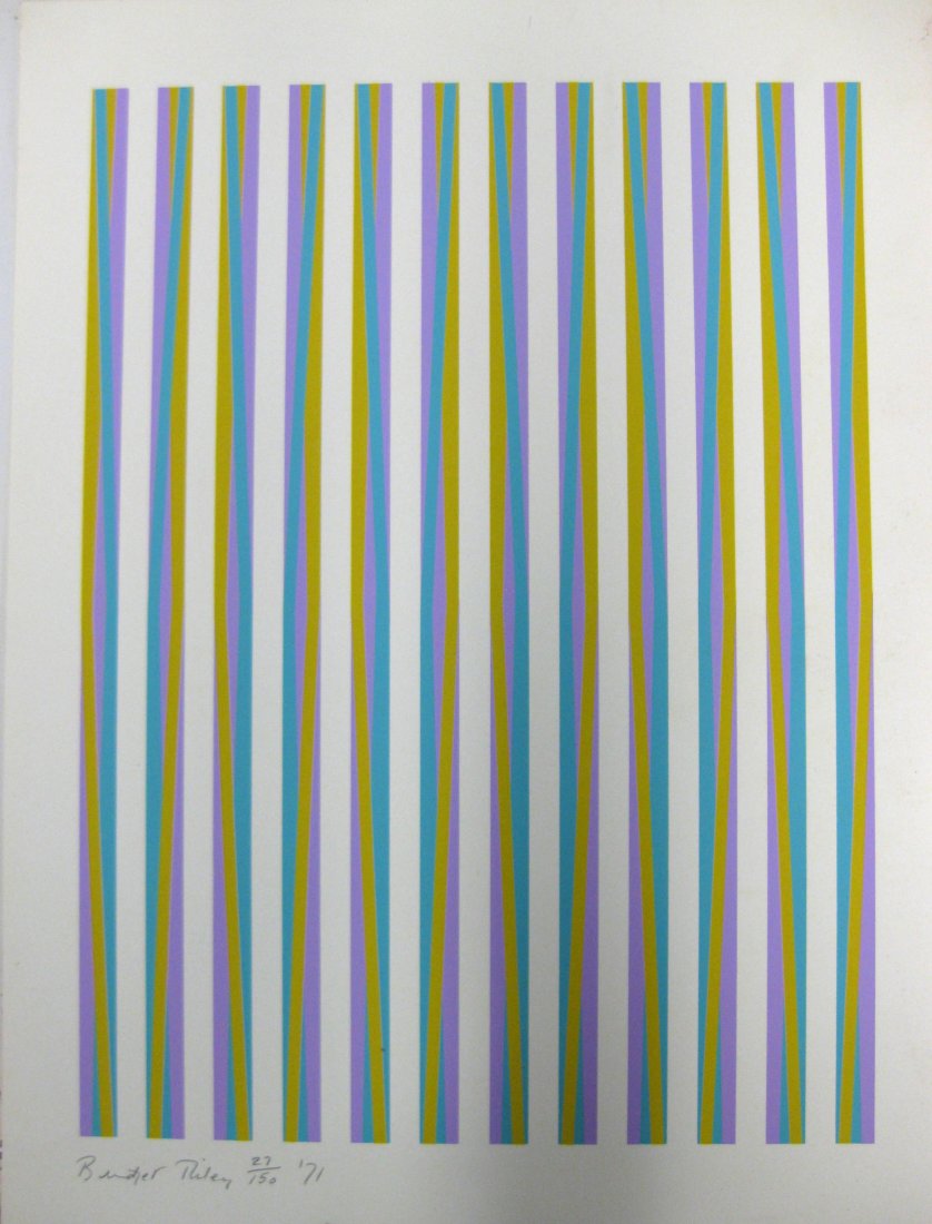 Bridget Riley (NY/England 1931) - Three color striped: Bridget Riley (NY/England 1931) - Three color striped lithograph pencil signed bottom left Bridget Riley 27/150 '71. Stamped on reverse "Copyright 1971 By Bridget Riley" - also stamped on reverse "K"