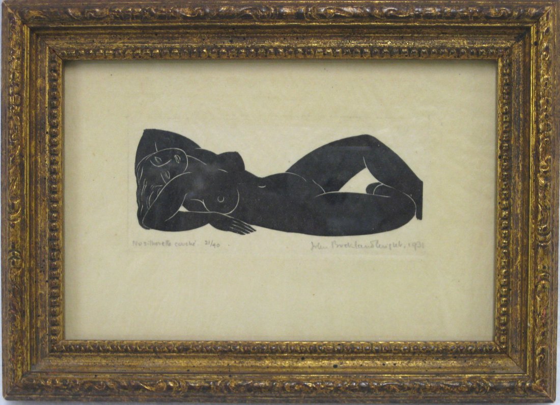 John Buckland Wright (England/France 1897-1954) -: John Buckland Wright (England/France 1897-1954) - Framed woodblock print of a reclining nude signed by artist dated 1931 and entitled "No Silhouette Couche 21/40". Sight size 5 5/8" x 3 5/8". Excellen