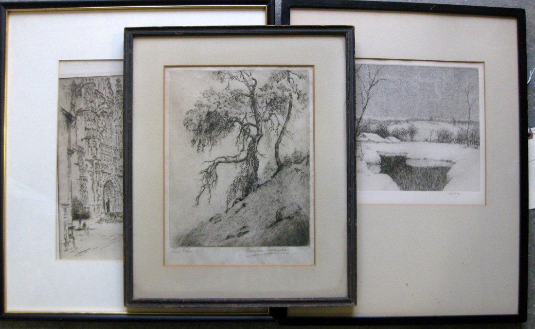 Three etchings: Joseph Pennell (American, 1860-1926): Three etchings: Joseph Pennell (American, 1860-1926) Etching of Architectural buildings - 9" x 11.5" - Pencil signed - Very good condition; J. Jac Young (American, 1880-1940) Etching entitled "A Winte