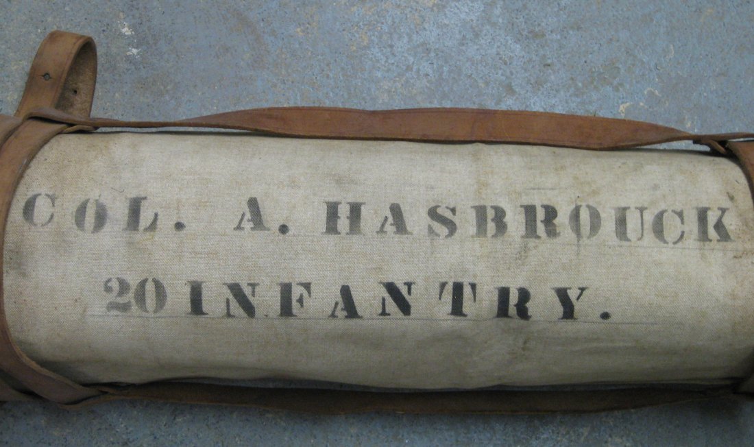 Canvas folding cot with leather straps stenciled across: Canvas folding cot with leather straps stenciled across the front Col. A. Hasbrouck 20th Infantry. (Col. Alfred Hasbrouck born in Poughkeepsie NY and graduated from West Point - he died in San Francis