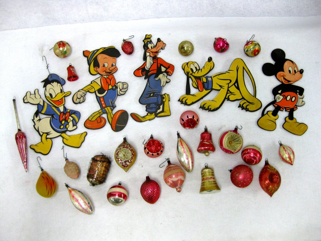 Grouping of old glass Christmas ornaments and 5: Grouping of old glass Christmas ornaments and 5 colorful storybook character hanging decorations including Pluto, Donald Duck, etc. - all in good condition 1950's and earlier.