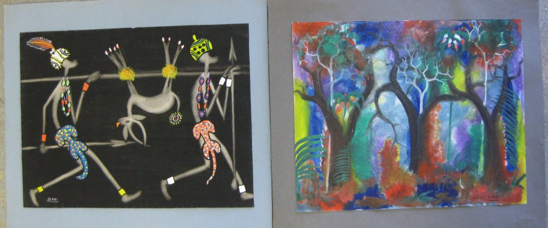 Two colorful unframed modernistic gouaches of African: Two colorful unframed modernistic gouaches of African scenes signed Iloki (Jacques Iloki - Congo, 20th century). Also inscriptions on reverse indicating origin Poto.Poto Brazzaville (Congo). 12.25" x 