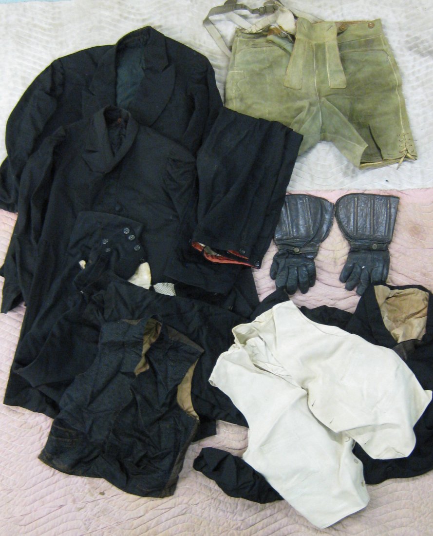 Large grouping of vintage gents clothing & accessories: Large grouping of vintage gents clothing (Victorian through 1920) & accessories including pair of motorcycle leather gloves, 2 men's black suit coats and 2 pair of black trousers, 3 vests, pair of lea