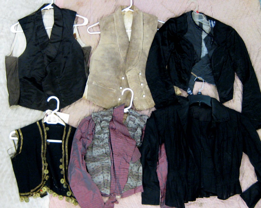 Six mostly Victorian lady's & gents tops/vests includin: Six mostly Victorian lady's & gents tops/vests including gypsy vest and hat with Chinese style coin buttons (needs repair)- most in need of mending and/or cleaning.