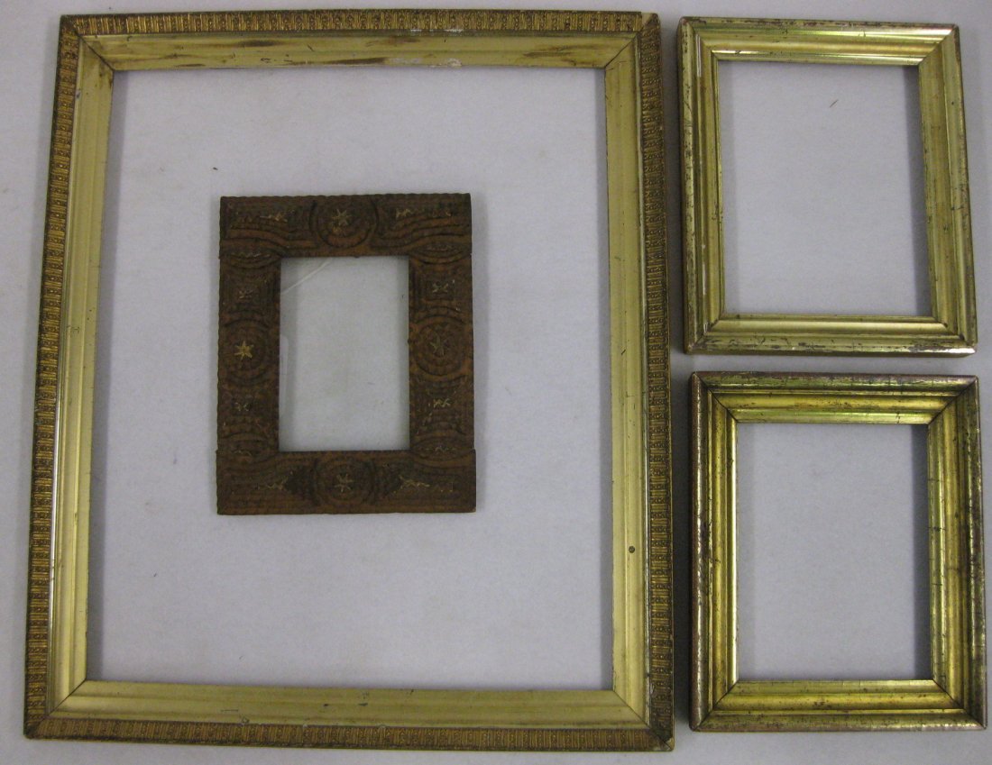 Four 19th century frames including 2 small lemon gold: Four 19th century frames including 2 small lemon gold that would hold artwork 5.5" x 7.25" & 6" x 7.5", lemon gold 14" x 17" - small loss in upper right corner - small chip in bottom right corner, and