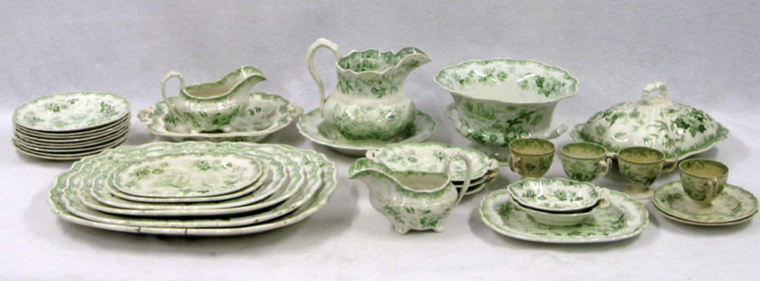 Beautiful set of 34 pieces of green and white: Beautiful set of 34 pieces of green and white Staffordshire transferware china in decorated with sailboats, fisherman, exotic birds and flowers - several piece with impressed "S" on base, otherwise no