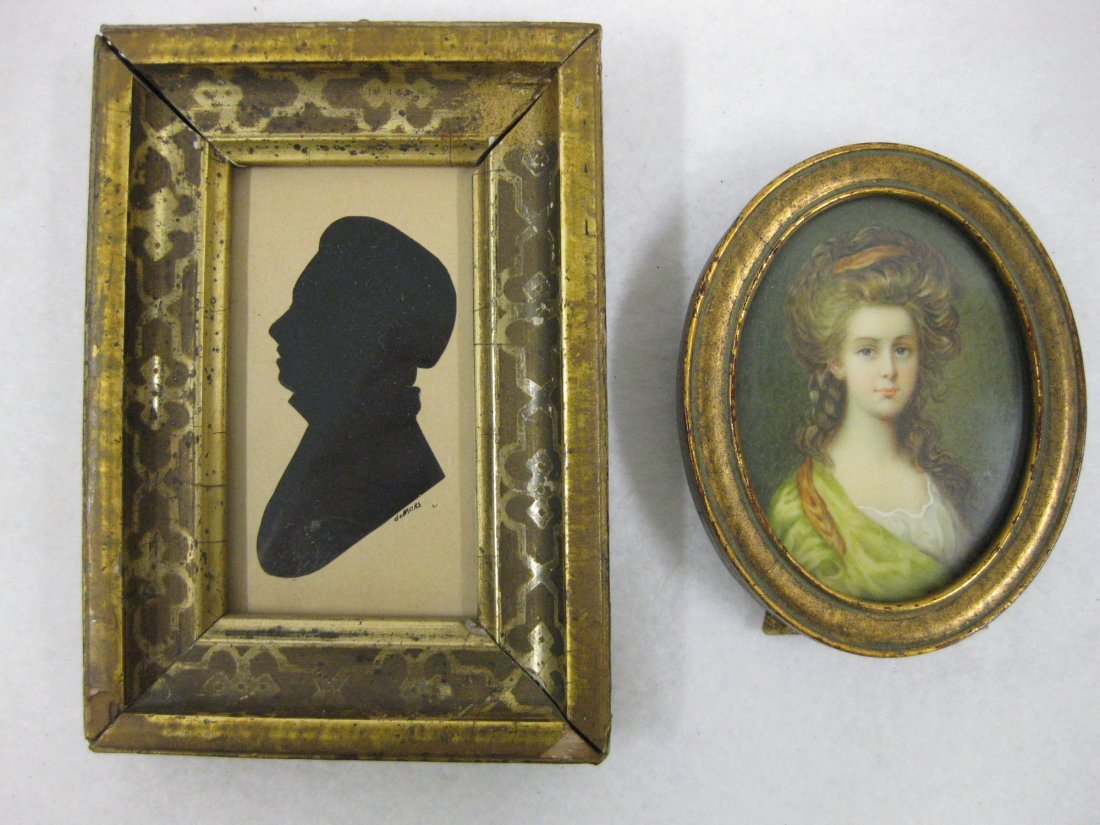 Two miniatures including a W/C portrait of a beautiful: Two miniatures including a W/C portrait of a beautiful young girl - 2 3/8" x 3 1/8" - probably late 19th century - very good condition; together with a silhouette of a H.W. Longfellow signed deMors in
