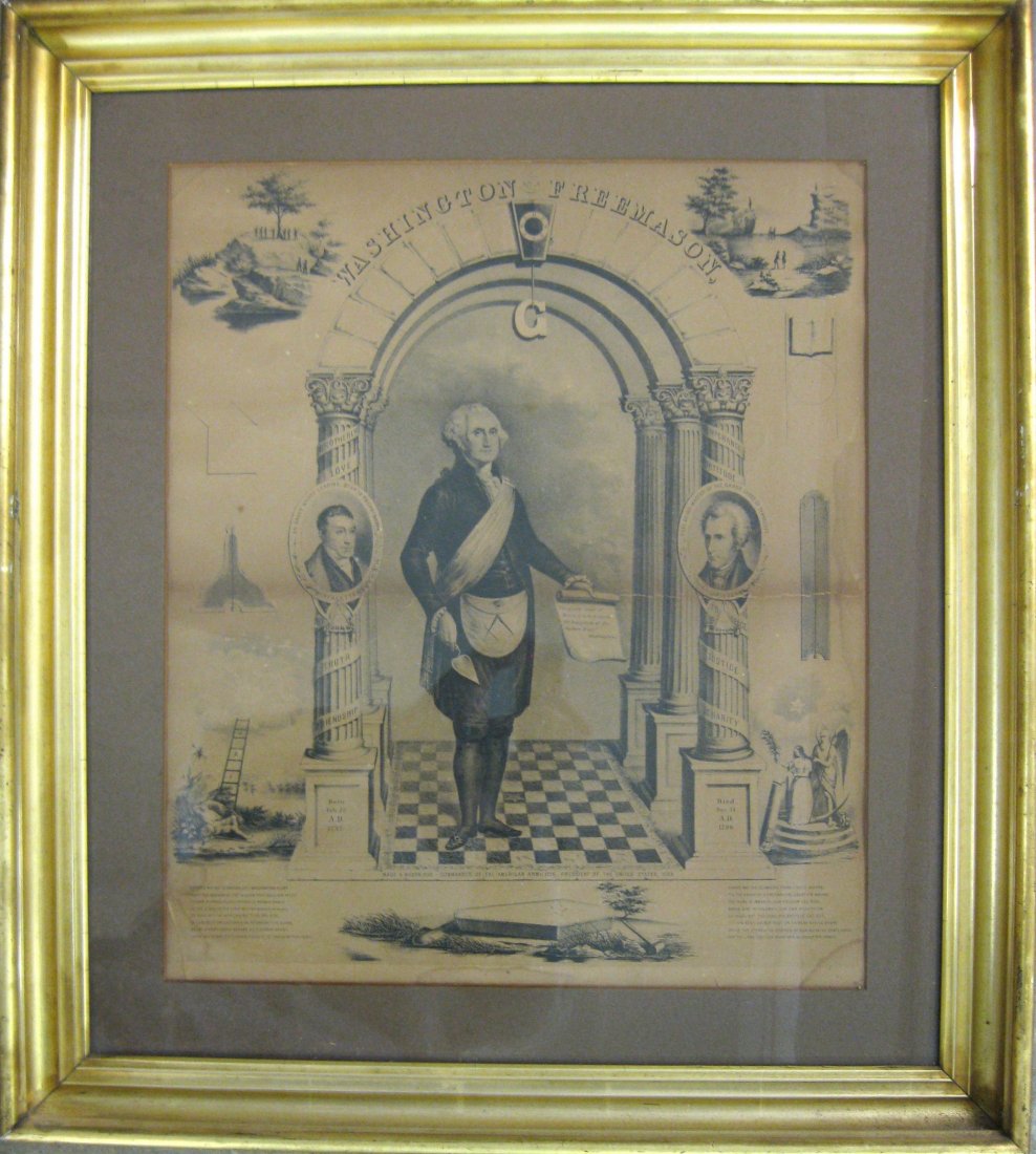 Early historical large folio lithograph entitled: Early historical large folio lithograph entitled "Washington Freemason" - scene depicts Washington in Masonic costume standing between 2 pillars with images of Lafayette and Pres. Jackson - matting ob