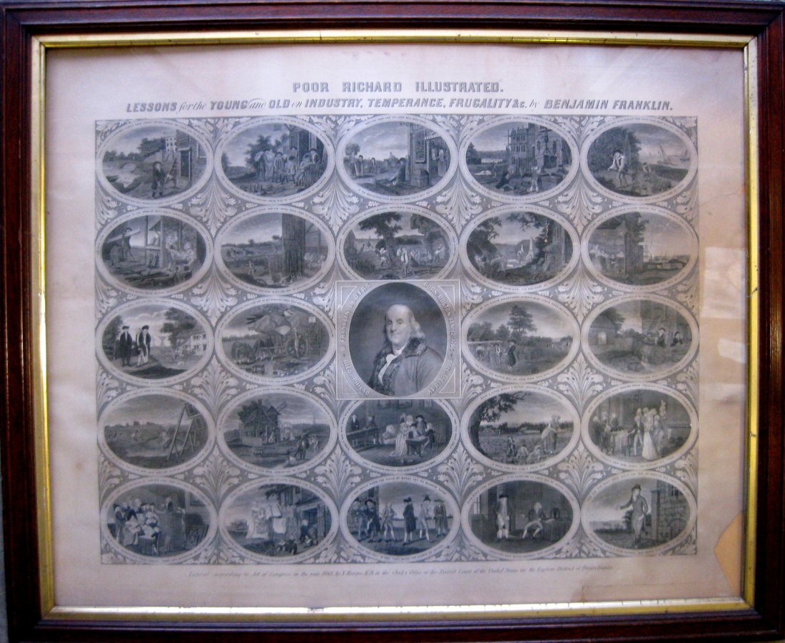 Early historical large folio lithograph entitled "Poor: Early historical large folio lithograph entitled "Poor Richard Illustrated. Lessons for the Young and Old on Industry, Temperance, Frugality, &c (etc.) by Benjamin Franklin". Dated 1868 by N. Monroe, 