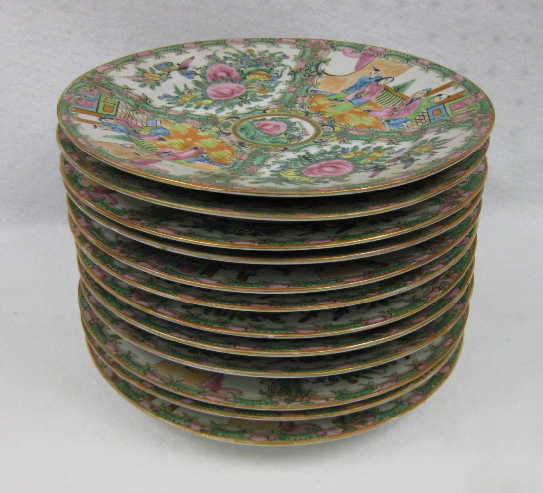 Set of 12 Chinese export Rose Medallion dinner plates: Set of 12 Chinese export Rose Medallion dinner plates marked on circular footed base "Made in China". All hand painted in excellent condition with very little wear, no chips or cracks - Early part of