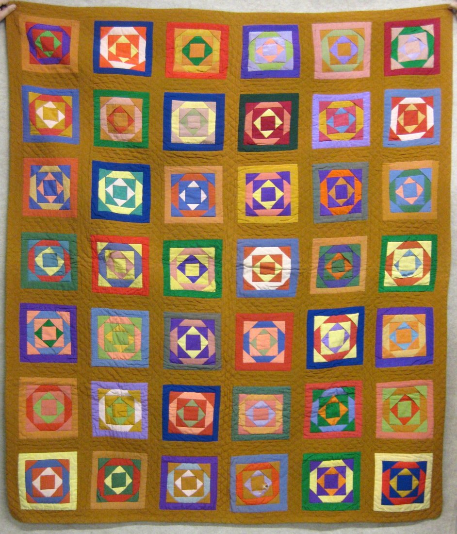 Patchwork linsey woolsey quilt in "Square in a Square": Patchwork linsey woolsey quilt in "Square in a Square" pattern - 2 section seamed mustard colored backing - possibly Pennsylvania Amish - early 19th century - 1 small hole on front and several small h