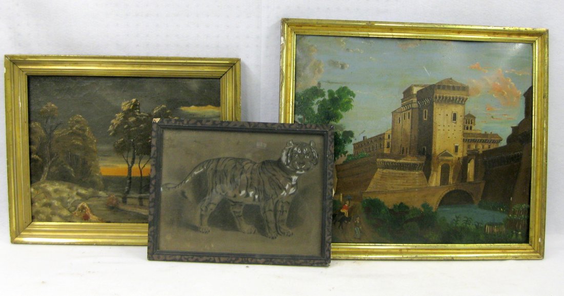 Three country artwork including pastel portrait of: Three country artwork including pastel portrait of standing lion in matching hand decorated frame - some chips to frame - 15.5" x 11.75"; O/C country landscape with cottage in 19th century lemon gold 