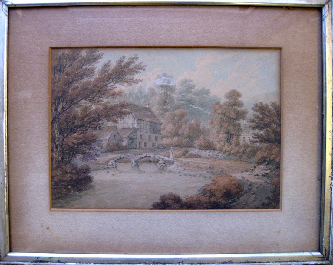 High quality W/C of lady walking over arched stone: High quality W/C of lady walking over arched stone bridge leading to hay barn - another woman obtaining water from stream - 19th century - 7" x 10" within mat. Very good condition.