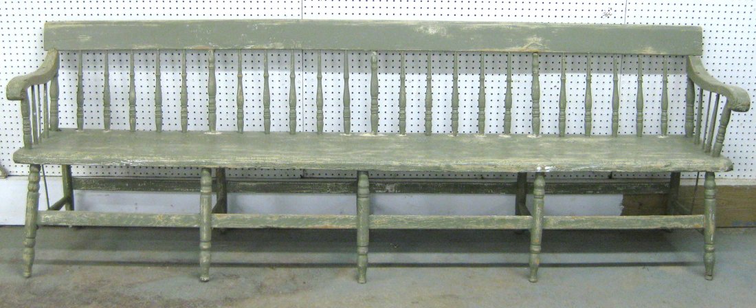 Large Sheraton spindle-back meeting house bench scraped: Large Sheraton spindle-back meeting house bench scraped down to original green paint. 8' 2"L x 17"H x 15"D. Some spindles with glue repairs at joint with bench seat - 2 repairs to bottom of feet - typ