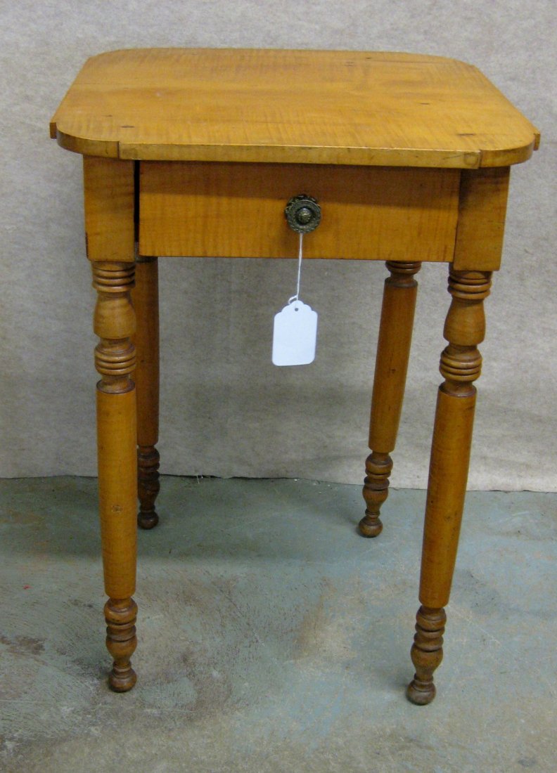 Sheraton tiger maple 1 drawer stand with shaped top.: Sheraton tiger maple 1 drawer stand with shaped top. Good condition.