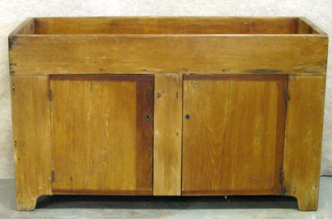 Early refinished 2 door pine dry sink, 19th century.: Early refinished 2 door pine dry sink, 19th century. Good condition. 54.5"L x 19.25"D x 33.5"H.