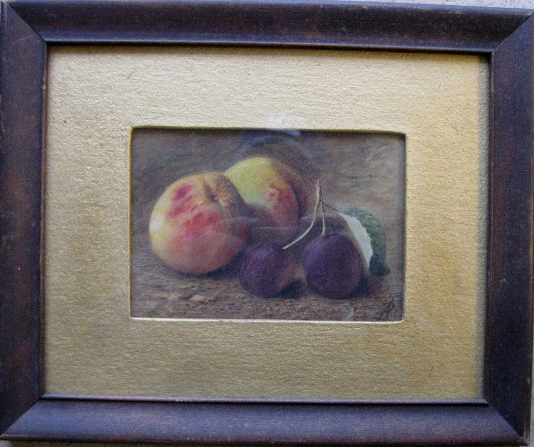 W/C Still life of fruit signed with monogram (possibly: W/C Still life of fruit signed with monogram (possibly R over L). Signed on reverse "Xmas 1922 - Lister" beneath applied Christmas card. 4" x 6". Very good original condition.