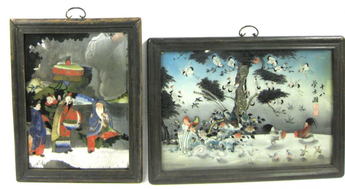 Two Chinese Export reverse paintings on glass including: Two Chinese Export reverse paintings on glass including portrait of 4 men, 1 under umbrella - sight size 11" x 15"; together with a scene of many exotic birds and cranes in tree and in flight, as well