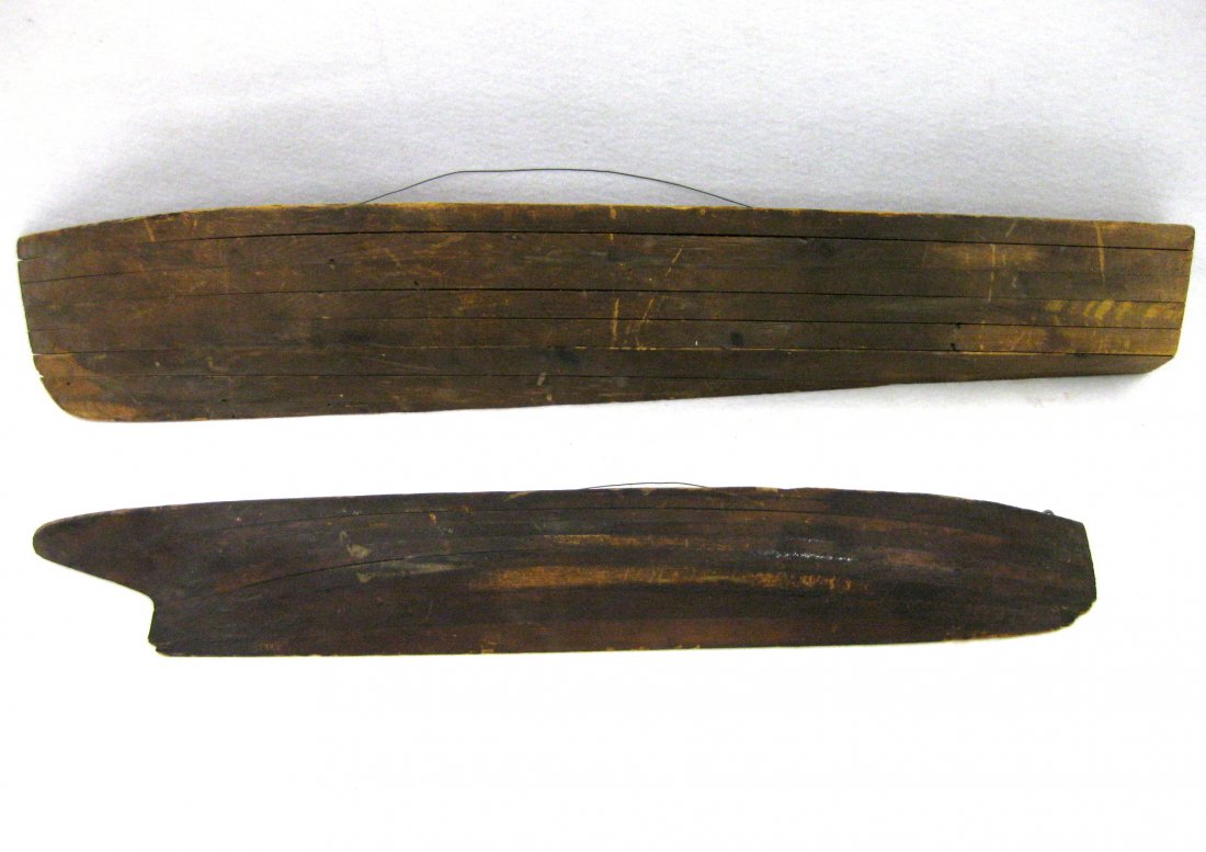 Two half-hull laminated wood ship models - both natural: Two half-hull laminated wood ship models - both natural wood without finish and slight separation in some seams 30"L & 36"L. 19th century. Provenance: From the estate of Elliott Steckel, Sharon Connec