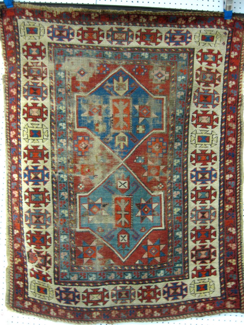 Oriental scatter rug - 3' 10" x 4' 8" - 19th century -: Oriental scatter rug - 3' 10" x 4' 8" - 19th century - good color but wear to 2 central medallions.