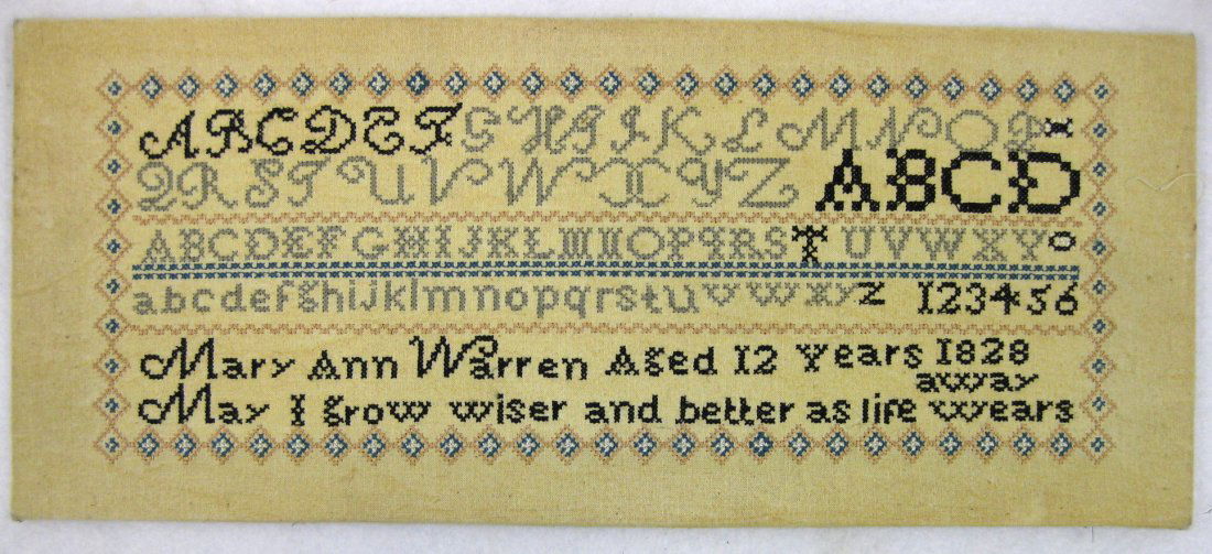 Unframed alphabet sampler on linen signed "Mary Ann: Unframed alphabet sampler on linen signed "Mary Ann Warren Aged 12 Years 1828". Excellent condition. 14.5" x 6".